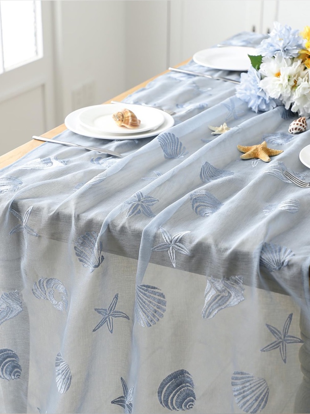 Boho Coastal Sheer Seashell Starfish Table Runner Blue Gauze 110” Embroidered
